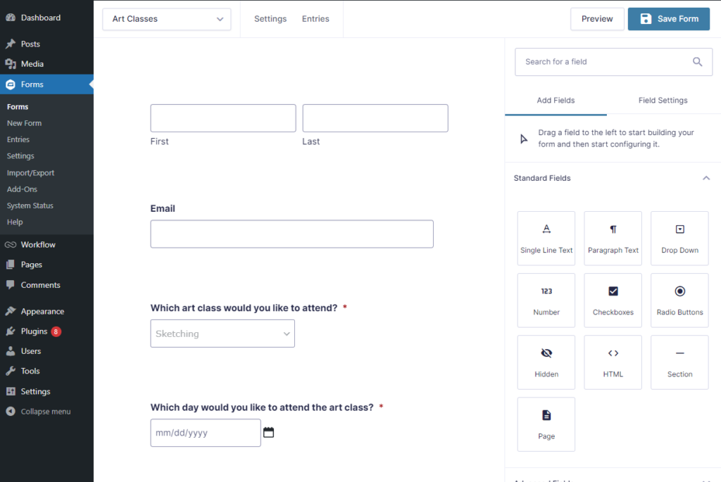 Editing a form with several fields in the form editor